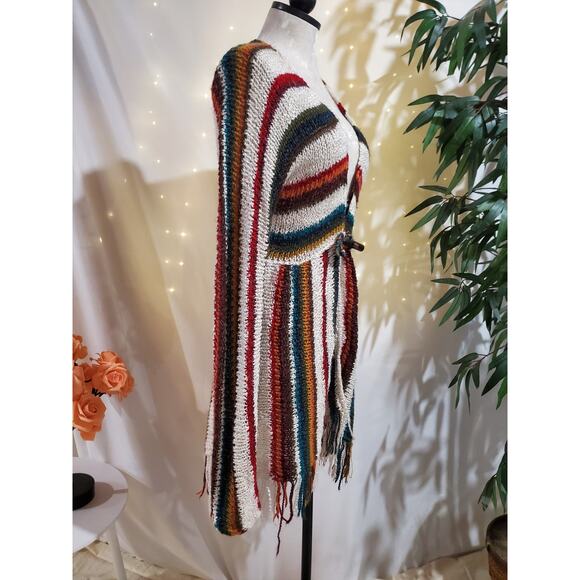Boston Proper Wool Blend Fringe Stripe Long Cardigan Sweater Womens Size XS Boho - Picture 3 of 11
